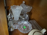 (DR) MISC. LOT: 2 PRESSED GLASS VASES. PRESSED GLASS LIDDED JAR. SALT AND PEPPER SHAKERS. BUTTER