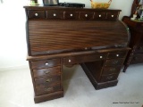 (2ND FLR MASTER BR) ETHAN ALLEN PINE C-ROLL TOP DESK WITH 12 DRAWERS. INTERIOR HAS CUBBIES ON EITHER