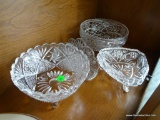 (DR) LOT OF MISC. CRYSTAL: 2 FOOTED BOWLS. NAPKIN HOLDER. TRIANGULAR FOOTED DISH.
