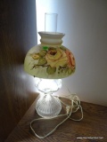 (2ND FLR BR 1) VINTAGE OIL LAMP CONVERTED TO ELECTRIC WITH FLORAL SHADE AND CHIMNEY: 10