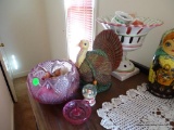 (2ND FLR BR 2) MISC. LOT: FENTON RING CADDY. PORCELAIN COMPOTE WITH CANDLES. TURKEY FIGURINE. AND
