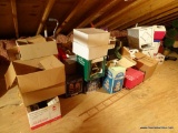 (ATTIC) SECTION IN FRONT OF STAIRS: TOPIARY PLANTS. 2 LARGE WOODEN WHITE PAINTED PLANTERS: