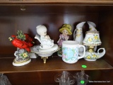 (SUNROOM) SHELF LOT OF #36: 2 CARDINAL FIGURINES. MOTHER YOU'RE SPECIAL COFFEE MUG. CERAMIC FIGURE