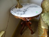 (SUNROOM) PAIR OF VICTORIAN MARBLE TOP END TABLES WITH ROSE CARVED SKIRTS. IN EXCELLENT CONDITION