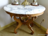 (SUNROOM) VICTORIAN MARBLE TOP TABLE WITH ROSE CARVED SKIRT: 33