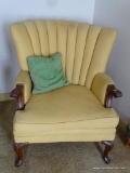 (SUNROOM) MAHOGANY QUEEN ANNE ARM CHAIR WITH BRASS STUDDING AROUND THE ARMS: 29
