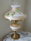 (SUNROOM) BRASS AND HAND PAINTED OIL LAMP CONVERTED TO ELECTRIC: HAS SHADE AND CHIMNEY: 11