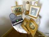 (SUNROOM) MISC. LOT: PIANO SHAPED ALARM CLOCK. PAIR OF GOLD PAINTED FRAMED PRINTS (1 OF A FLORAL