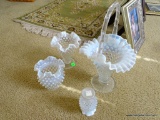 (SUNROOM) 3 PIECES OF UNMARKED FENTON HOBNAIL RUFFLED EDGE GLASS: BUD VASE. VASE. ROUND VASE.