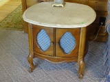 (LR) PAIR OF FRENCH QUEEN ANNE AND MARBLE TOP END TABLES WITH ACANTHUS LEAF CARVED KNEES. EACH HAS 2
