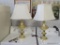 (A5) PAIR OF BRASS COLOR TABLE LAMPS COMPLETE WITH HARP, SHADE AND FINIALS. 32'' TALL.