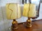 (A1) VINTAGE PAIR OF BROWN AND GOLD LAMPS WITH ORIGINAL LEATHER LAMP SHADES. 26.5'' TALL