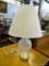 (A2) CUT GLASS AND BRASS TABLE LAMP WITH SHADE. 5'' TALL