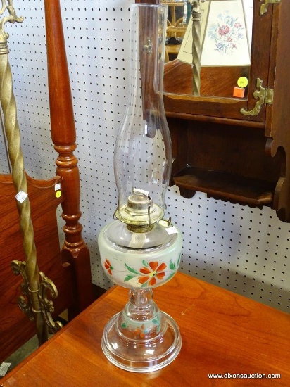 (A1) VINTAGE HAND PAINTED OIL LAMP. 22'' TALL