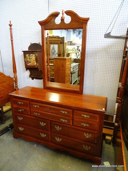 (A1) BROYHILL MAHOGANY FINISH TRIPLE DRESSER WITH MIRROR. FURNITURE TAGS ARE STILL ATTACHED. HAS A