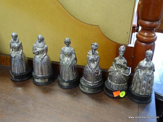 (A1) METAL COMMEMORATIVE STATUES OF ROYALTY (QUEENS). EACH IS A BELL ON A WOODEN BASE. ALL ARE