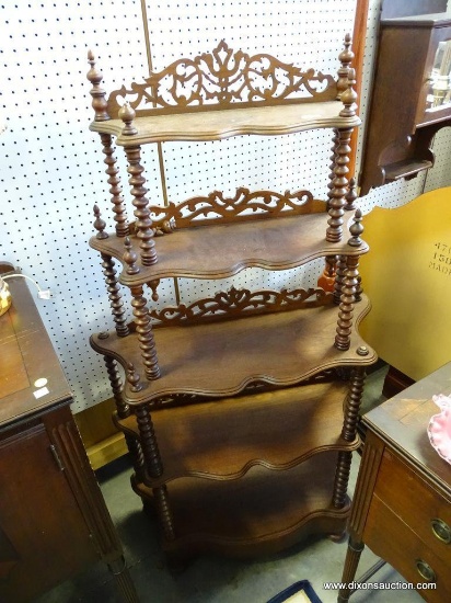 (A1) WALNUT VICTORIAN 5 SHELF ETAGERE. 30X12X57 **SECRET HIDDEN DRAWER AT THE BOTTOM**