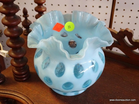 (A1) FENTON BLUE COIN SPOT RUFFLED EDGE BOWL. 5.5'' TALL