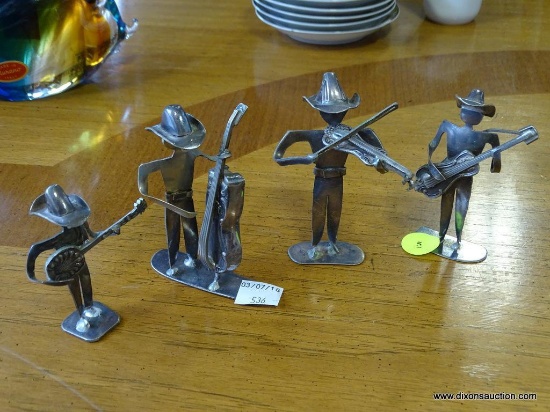 (A1) SET OF 4 ARTIST MADE AND SIGNED METAL SCULPTURES OF A COUNTRY BAND. 3.75'' TALL