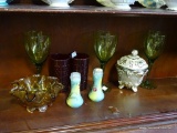 (A2) ASSORTED GLASSWARE LOT. INCLUDES A PAIR OF HAND PAINTED SALT AND PEPPER SHAKERS, 3 GREEN WINE