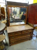 (A3) WALNUT VICTORIAN BROWN MARBLE TOP 2 OVER 2 DRAWER DRESSER WITH BEVELED GLASS MIRROR.