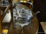 (A3) SILVER PLATE KETTLE ON STAND WITH ALCOHOL BURNER.