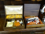 (A3) 2 ESTATE JEWELRY BOXES WITH CONTENTS. INCLUDES A STERLING PIN IN ONE OF THE BOXES, A GOLD