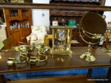 (A3) BRASS LOT THAT INCLUDES LINDEN CARRIAGE CLOCK, A VANITY MIRROR, AND A PAIR OF WALL HANGING