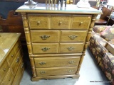 (A3) 5 DRAWER TALL CHEST WITH CUSTOM GLASS TOP. DRESSER IS VERY CLEAN. 38X20X52.5