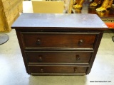 (A4) VERY EARLY MINIATURE 3 DRAWER CHEST ON CASTERS. 25X10.5X22.75