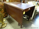 (A4) MAHOGANY DROP SIDE TABLE WITH TWIST LEGS. SHOP RETAIL $750.00. 44''X26.25''X30'' WITH SIDES