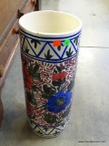 (A4) SIGNED SPAIN HAND PAINTED UMBRELLA STAND. HAS A FEW MINOR INTERIOR RIM CHIPS. 19'' TALL