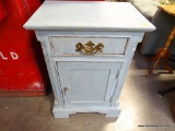 (A5) VINTAGE PINE 1 DRAWER AND 1 DOOR END TABLE. PAINTED BLUE. BOTTOM DOOR LOCKS AND KEY IS PRESENT.