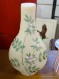 (A5) CHERRY BLOSSOM DECORATED MILK GLASS VASE. 7.5'' TALL.