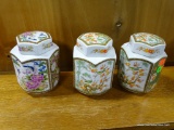 (A5) 3 PC. ORIENTAL COVERED JAR SET DECORATED WITH BIRDS. 5.5'' TALL.