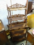 (A1) WALNUT VICTORIAN 5 SHELF ETAGERE. 30X12X57 **SECRET HIDDEN DRAWER AT THE BOTTOM**