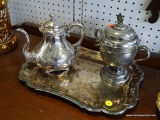 (A1) 3 PC. SILVER-PLATE TEA SET WITH GORHAM TRAY, MERIDEN QUAD. PLATE TEA POT W/ DING 7.5'' TALL,