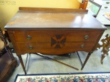 (A1) MAHOGANY SHERATON 2 DRAWER SERVER WITH A INLAID DECORATED FRONT. STRETCHER NEEDS TO BE GLUED