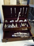 (CASE) S. KIRK & SON STERLING SILVER FLATWARE SET. RAMBLING ROSE PATTERN. INCLUDES 6 DINNER KNIVES,