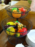 (A6) 2 TIER FRUIT BASKET WITH ART GLASS FRUIT AND VEGETABLES: 14