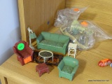 (A6) LOT OF VINTAGE TOOTSIE TOY FURNITURE: SOFA WITH MATCHING CHAIR. CHAIR WITH OTTOMAN. LAMP. END