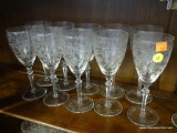 (A2) SET OF 10 ETCHED WINE GLASSES. 7.75'' TALL