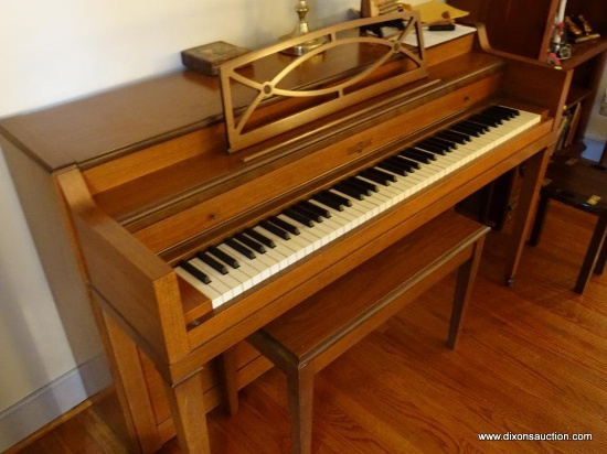 (LR) CABLE-NELSON CONSOLE PIANO WITH SHERATON LEGS: 57"x25"x36.5". IS ON CASTERS FOR EASY MOVEMENT