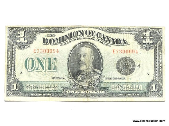 1923 CANADIAN $1 NOTE, RARE XF GRADE.