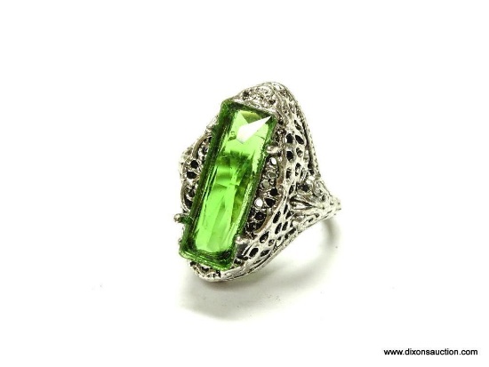 LADIES .925 STERLING SILVER FILIGREE 3 CT. GREEN GEMSTONE RING, APPROX. SIZE 7-1/2.