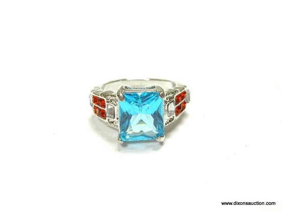 LADIES .925 STERLING SILVER 4 CT. BLUE TOPAZ & GEMSTONE RING, APPROX. SIZE 8.