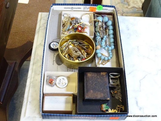 (FURNITURE ROW 1) TRAY LOT OF MISC. COSTUME JEWELRY AND PINS