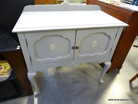 (FURNITURE ROW 1) PAINTED GRAY QUEEN ANNE 2 DOOR SERVER WITH GALLERY TOP. HAS FLORAL MOTIF: