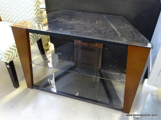 (FURNITURE ROW 1) METAL AND GLASS TV/ENTERTAINMENT STAND WITH 2 GLASS SHELVES: 40"x19"x26"