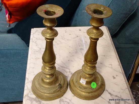 (FURNITURE ROW 1) PAIR OF BRASS 11" TALL CANDLESTICK HOLDERS